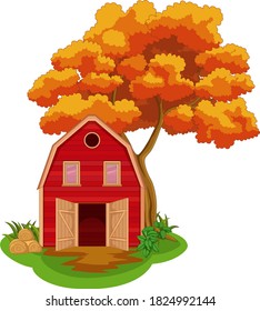 Autumn background with yellow trees and farmhouse field
