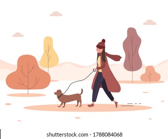 Autumn background. Young woman walks with dog through the woods. Concept happy girl in brown coat with dachshund or poodle. Vector illustration in flat style.