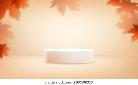 Autumn background,3D Studio Room and Podium Display with Mable Laves Shadow on Orange wall.Vector Autumnal Scene Empty room for template design,Backdrop Banner for Product presentation on Fall Season