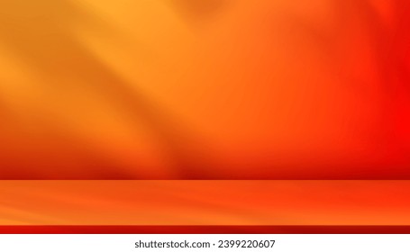 Autumn background,3D Studio Wall Room Background Template with Light,Leaves Shadow on Hot Orange,Red on Podium,Vector Scene Display Platform for Fall season Cosmetic Product  sale, Present