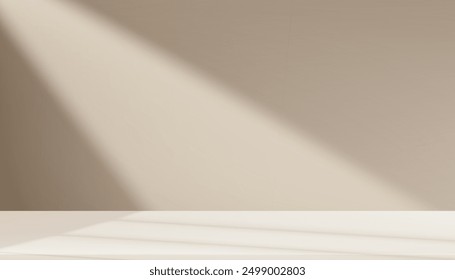 Sombra Abstractas, luz del sol en el estudio beige de la habitación de la pared, telón de fondo para la presentación del Producto. Concepto de soporte de exhibición 3d marrón claro degradado vacío para el Anuncio de Web en invierno, año Nuevo