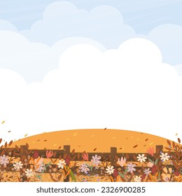 Autumn Background,Autumnal Landscape with flowers,Mountain,Blue Sky and Clouds,Horizon Fall scenery rural in countryside,Vector illustration Cute Cartoon banner for Harvest or Thanksgiving festival