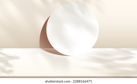 Autumn Background,Beige Podium display with White light,Shadow Leaves on Mirror,Backdrop for Cosmetic product presentation,Vector 3d Platform composition with copy space for Fall,Summer, Winter Banner