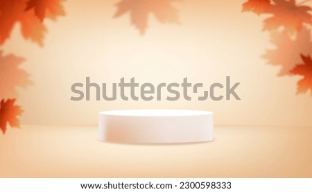 Autumn Background.Fall leaves on Studio,3d podium for product banner.Shadow leaf on display platform mockup for Thanksgiving offer,Halloween banner,Fall season scene with blank space for presentation 