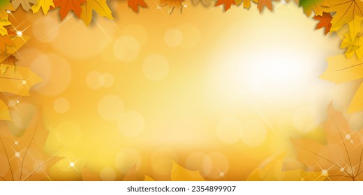 Autumn background,Fall or Maple Leaves border frame with bokeh nature light on orange background,Fall season concept with maple foliage on defocused sunlight effect with copy space