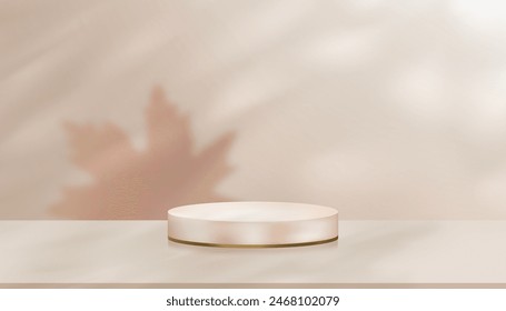 Autumn background,Fall Studio Background Podium Display Stan with Maple Shadow leaf on Beige Wall,Minimal Scene for Thanksgiving Advertising,Vector Template Platform banner for Product Sale,Promotion