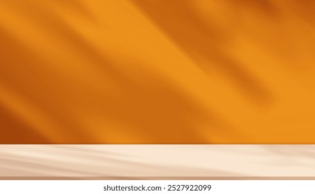 Autumn background,Fall Studio Orange wall,Podium Display with Shadow Leaves on Beige Stand,Backdrop Scene for Thanksgiving Advertising,Vector Template Platform banner for Product Sale,Promotion