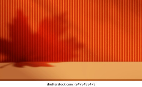 Fondo del otoño, exhibición del podio del estudio de otoño con las hojas de la sombra en la pared acanalada naranja, escenario del telón de fondo para la publicidad del día de gracias, Anuncio de la plataforma de la Plantilla del Vector para la venta del Producto, promoción