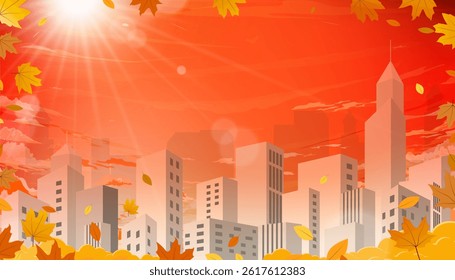 Autumn background,Landscape Sunset sky, cloud on orange background over cityscape with sunlight reflection on buildings,Vector cartoon aerial view skyscrapers with maple leaves flying in Fall season