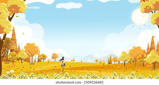 Herbst-Hintergrund, Naturlandschaft mit Himmel, Wolke über orangefarbenen Follikelwaldbäumen, Berg für Herbstsaison Banner, Vektorgrafik niedlich Cartoon in Landschaft Mutter und Sohn Reiten Fahrrad