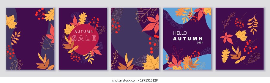 Autumn backgrounds, banners, cards. Abstract shapes, minimalistic flat style autumn botanicals. Leaves, branches, berries.