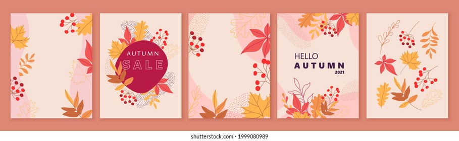 Autumn backgrounds, banners, cards. Abstract shapes, minimalistic flat style autumn botanicals. Leaves, branches, berries.