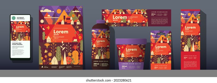 Autumn backgrounds. An example of the use of vector illustrations on labels, packaging. Corporate identity and branding. Design templates in different sizes.