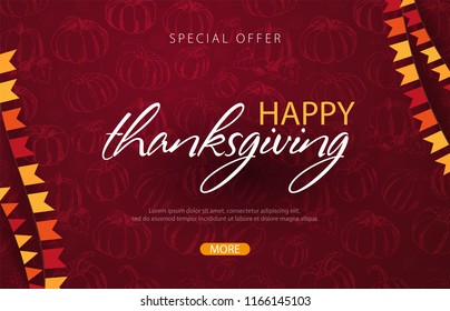 Autumn Backgrounds With Pumpkin. Thanksgiving Day. For Shopping Sale, Promo Poster And Frame Leaflet, Web Banner. Vector Illustration Template