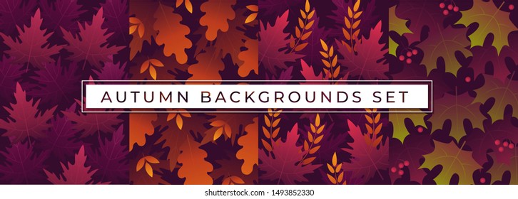 Autumn backgrounds set with multicolored leaves vector illustration. Collection consists of fall foliage flat design for shopping sale or promo poster and frame leaflet or web banner and social media