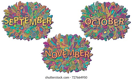 Autumn backgrounds set. September. October. November. Fall theme doodles. Zentangle ornament. Calendar or poster element. Autumn vector for web design or printed products.