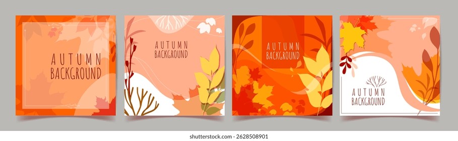 Autumn backgrounds set. Square banners with bright falling autumn leaves and tree branches. Fall season. Design element for covers and posters. Flat vector illustration collection isolated on backdrop