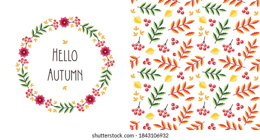Autumn backgrounds. Wreath and pattern made of autumn leaves and plants. Can be used for autumn holiday invitations, greeting cards, banners. Vector illustration 8 EPS.