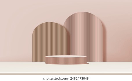 Autumn Background,Studio Interior Room with 3d Beige Podium Stage,Minimal modern product display with corrugated texture with copy space for Fall season web banner,Vector  Platform for Jewelry Stand