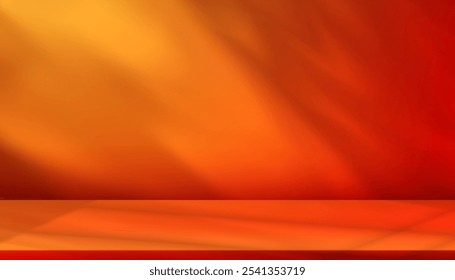 Autumn Background,Studio orange wall with shadow leaves on red podium for product display,Summer backdrop 3D Template with Light on floor,Vector Scene Display Platform for Cosmetic Product Present