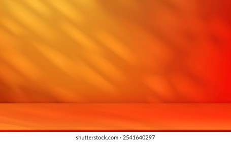 Autumn Background,Studio orange wall with shadow leaves on red podium for product display,Summer backdrop 3D Template with Light on floor,Vector Scene Display Platform for Cosmetic Product Present