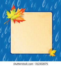 Autumn background.Transparent drops of rain on a blue background.background.Background with rain drops and maple leaves and frame for your text