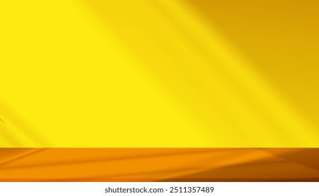Autumn background,Yellow Wall Studio Podium Display and Shadow Leaves for Product Present,Backdrop Scene Light,Shadow Overlay on Orange floor for Thanksgiving Advertising,Vector Template Platform 
