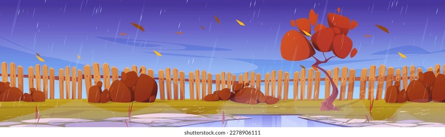 Autumn backyard garden with wooden fence, rainy weather vector illustration. Empty fall back yard with stone paved ground and bush, flying leaves. Countryside exterior with walkway area, puddle