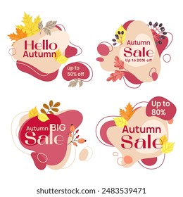 Autumn badge collection Vector illustration.Autumn sale labels, banners with text and seasonal leaves and berries. Flat design.Autumnal shopping and fall sale season labels, special offer with leaves 