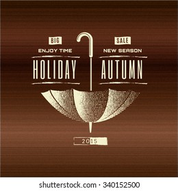 Autumn badges logos and labels can be used to design packages of goods during autumn sales on a wooden background