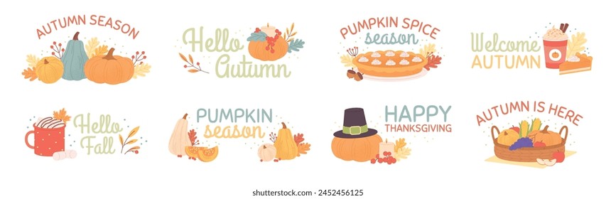 Autumn badges. Pumpkin season and thanksgiving day. Seasonal vegetables, fall agriculture harvest festival. Tasty food, racy vector banners