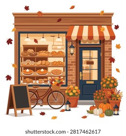 Autumn Bakery Storefront Illustration with Fresh Pastries and Cozy Fall Seasonal Decorations