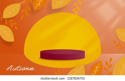 Autumn Banner with 3d rendered podium in studio room for product display. Autumn leaves frame 
with sunlight from corner. Editable Vector Illustration. EPS 10.