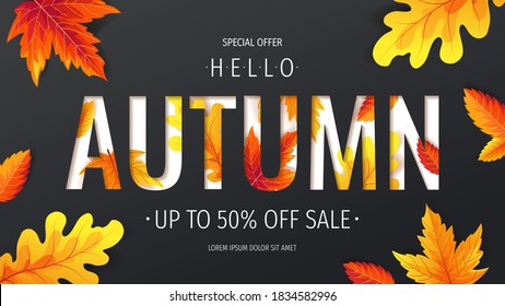 Autumn banner or background with carved word "AUTUMN" and bright leaves underneath. Vector illustration for banner, poster, invitation, special offer, advertising, flyer, commercial.