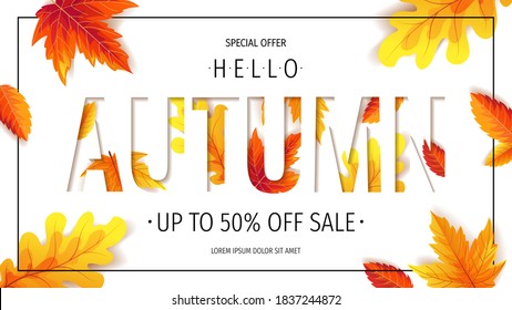 Autumn banner or background with carved word "AUTUMN" and bright leaves underneath. Vector illustration for banner, poster, invitation, special offer, advertising, flyer, commercial.
