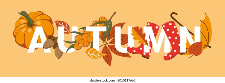 Autumn banner, background picture with bright symbols of autumn. Autumn sale promotional content message template. Vector illustration.