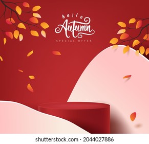 Autumn banner background with  product display cylindrical shape decorate autumn trees landscape 