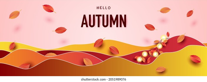 Autumn banner background with studio table room product display decorate Variety of autumn leaves falling. Text HELLO AUTUMN. Design for cover website, background, cover page. vector illustration.