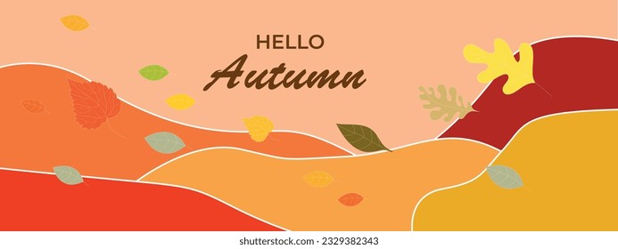 Autumn banner background with studio table product display decorate Variety of autumn leaves falling