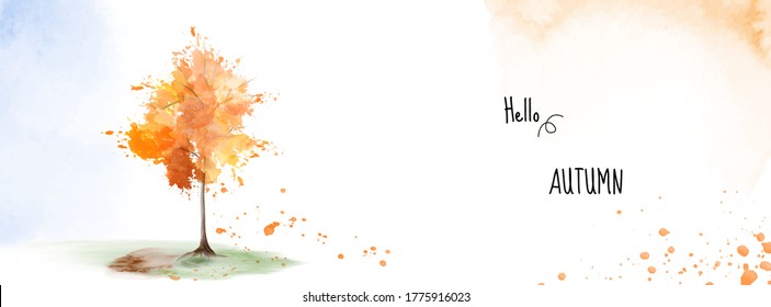 Autumn banner background with a tree on watercolor stain painting. Suitable for use as a header, card; invitation, cover, booklet, wall, or poster.