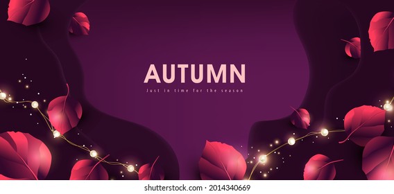 Autumn banner background with Variety of autumn leaves falling and led string lights  