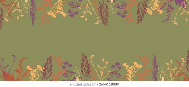 Autumn banner with border meadow flowers and grass, silhouette. Herbal background. Herbarium. . Vector illustration