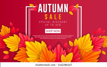 Autumn banner with bright origami leaves for web design. Banner with discount for online stores, sites and social networks