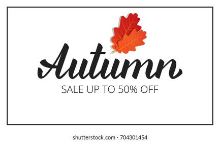 Autumn. Banner with brush lettering Autumn and oak leaves. Seasonal Fall sale card