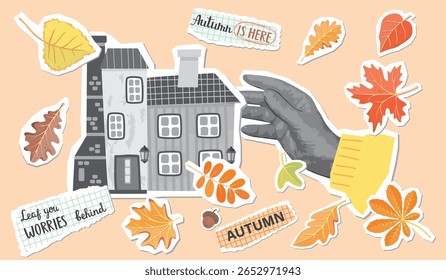 Autumn banner with collage elements isolated on beige background. Decorative house and photorealistic hand in gray tones, colorful falling leaves and torn notes. Vector cartoon objects set.