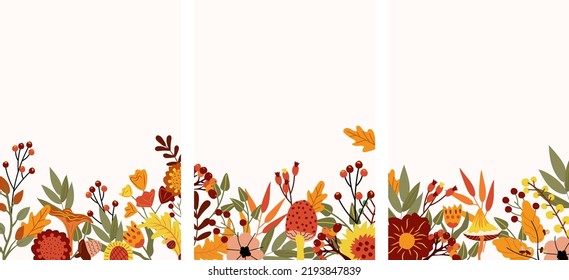Autumn banner with colorful leaves, mushroom, autumn berries and flowers. Composition for your greeting cards, poster, and harvest festival or Thanksgiving. Vector Illustration. 