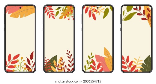 Autumn banner with colorful leaves set for social media stories or post. Fall background for smartphone. Vector illustration.