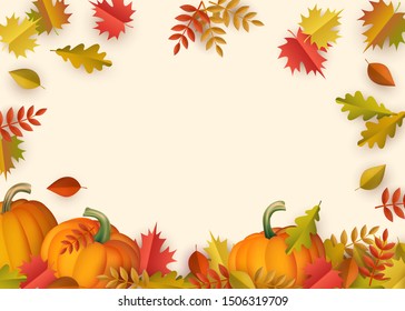 Autumn banner with copy space - falling colorful tree leaves and ripe orange pumpkins for seasonal design in cartoon style. Bright foliage and vegetables in isolated vector illustration.