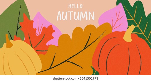 Autumn banner, cover, horizontal poster with autumn leaves and pumpkins. Bright autumn season template for advertising, sales, flyer. Vector.