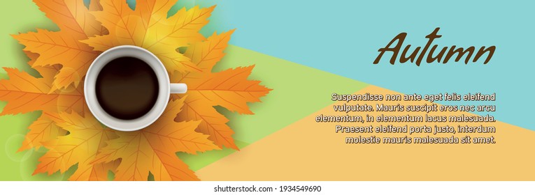 Autumn banner. Cup of black hot coffee standing on leaves. Fall background decorated with bright red maple leaves. Coffee break. Abstract concept. Vector design illustration.
